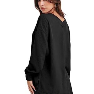 ANRABESS Women’s Casual Long Sleeve Sweatshirt V Neck Off Shoulder Shirt Loose Baggy Comfy Knit Pullover Sweaters Tunic Top 2023 Fall Clothes A1069heise-XL Black