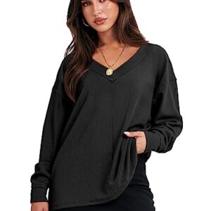 ANRABESS Women’s Casual Long Sleeve Sweatshirt V Neck Off Shoulder Shirt Loose Baggy Comfy Knit Pullover Sweaters Tunic Top 2023 Fall Clothes A1069heise-XL Black