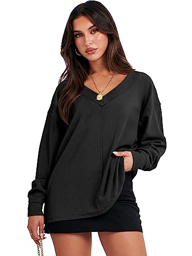 ANRABESS Women’s Casual Long Sleeve Sweatshirt V Neck Off Shoulder Shirt Loose Baggy Comfy Knit Pullover Sweaters Tunic Top 2023 Fall Clothes A1069heise-XL Black