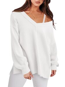anrabess women’s casual long sleeve sweatshirt v neck off shoulder shirt loose baggy comfy knit pullover sweaters tunic top 2023 fall clothes a1069baise-xl white