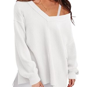 ANRABESS Women’s Casual Long Sleeve Sweatshirt V Neck Off Shoulder Shirt Loose Baggy Comfy Knit Pullover Sweaters Tunic Top 2023 Fall Clothes A1069baise-XL White