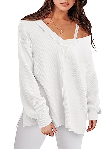 ANRABESS Women’s Casual Long Sleeve Sweatshirt V Neck Off Shoulder Shirt Loose Baggy Comfy Knit Pullover Sweaters Tunic Top 2023 Fall Clothes A1069baise-XL White