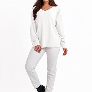 ANRABESS Women’s Casual Long Sleeve Sweatshirt V Neck Off Shoulder Shirt Loose Baggy Comfy Knit Pullover Sweaters Tunic Top 2023 Fall Clothes A1069baise-XL White