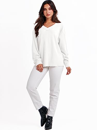 ANRABESS Women’s Casual Long Sleeve Sweatshirt V Neck Off Shoulder Shirt Loose Baggy Comfy Knit Pullover Sweaters Tunic Top 2023 Fall Clothes A1069baise-XL White