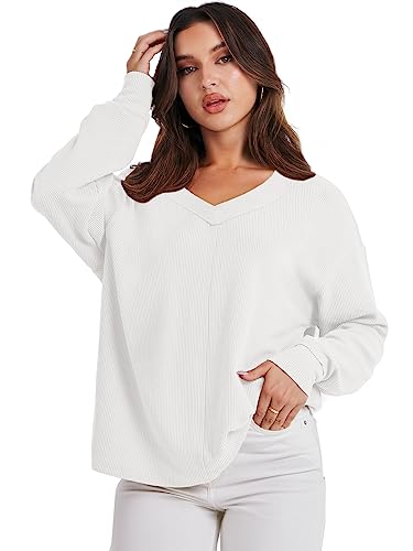 ANRABESS Women’s Casual Long Sleeve Sweatshirt V Neck Off Shoulder Shirt Loose Baggy Comfy Knit Pullover Sweaters Tunic Top 2023 Fall Clothes A1069baise-XL White