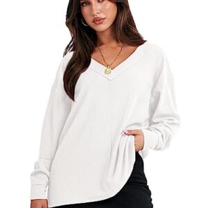 ANRABESS Women’s Casual Long Sleeve Sweatshirt V Neck Off Shoulder Shirt Loose Baggy Comfy Knit Pullover Sweaters Tunic Top 2023 Fall Clothes A1069baise-XL White