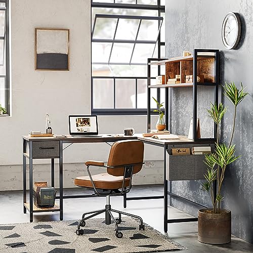 CubiCubi L Shaped Desk with Hutch, 58" Corner Computer Desk with Drawer,Home Office Gaming Table Workstation with Storage Bookshelf, Rustic Brown