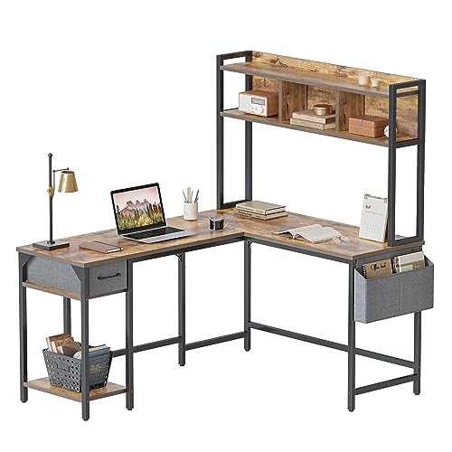 CubiCubi L Shaped Desk with Hutch, 58" Corner Computer Desk with Drawer,Home Office Gaming Table Workstation with Storage Bookshelf, Rustic Brown