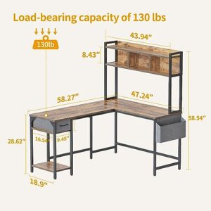 CubiCubi L Shaped Desk with Hutch, 58" Corner Computer Desk with Drawer,Home Office Gaming Table Workstation with Storage Bookshelf, Rustic Brown