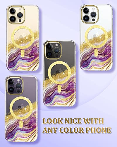 JIAXIUFEN Magnetic Designed for iPhone 14 Pro Max Case Clear, Compatible with MagSafe, Sparkle Glitter Slim Thin Shockproof Protective Transparent Phone Case, Marble Gold