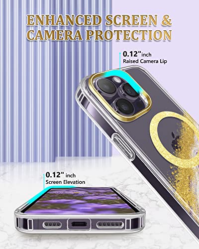 JIAXIUFEN Magnetic Designed for iPhone 14 Pro Max Case Clear, Compatible with MagSafe, Sparkle Glitter Slim Thin Shockproof Protective Transparent Phone Case, Marble Gold