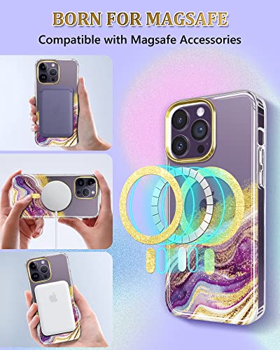 JIAXIUFEN Magnetic Designed for iPhone 14 Pro Max Case Clear, Compatible with MagSafe, Sparkle Glitter Slim Thin Shockproof Protective Transparent Phone Case, Marble Gold