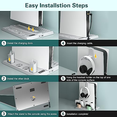 Allnice PS5 Stand with Cooling Fan and Controller Charging Station for Playstation 5 Console Disc/Digital Edition, PS5 Accessories with 15 Game Rack Organizer, Adjustable Fans Speed, Headset Holder