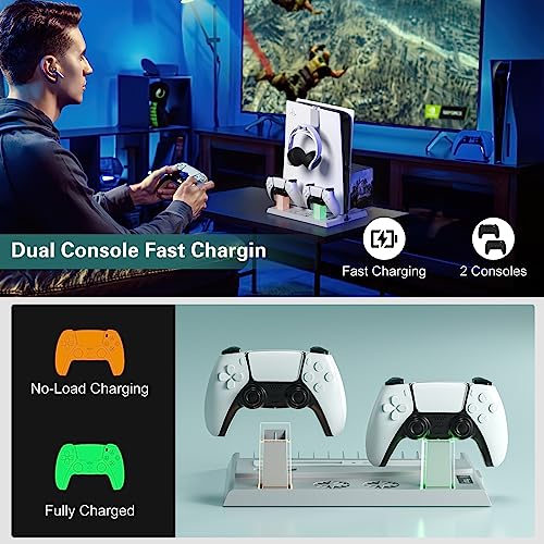 Allnice PS5 Stand with Cooling Fan and Controller Charging Station for Playstation 5 Console Disc/Digital Edition, PS5 Accessories with 15 Game Rack Organizer, Adjustable Fans Speed, Headset Holder