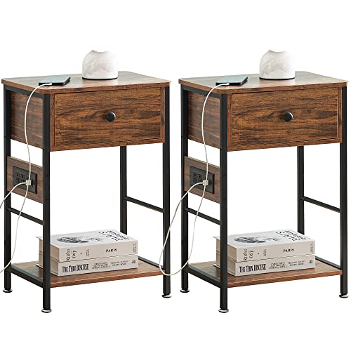 SunnyFurn Nightstand Set of 2,End Table with Charging Station,Side Table with Drawers and Storage,Beside Table for Living Room and Bedroom,Easy Assembly,Brown (Brown)