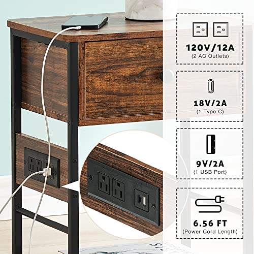 SunnyFurn Nightstand Set of 2,End Table with Charging Station,Side Table with Drawers and Storage,Beside Table for Living Room and Bedroom,Easy Assembly,Brown (Brown)