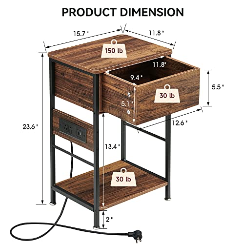 SunnyFurn Nightstand Set of 2,End Table with Charging Station,Side Table with Drawers and Storage,Beside Table for Living Room and Bedroom,Easy Assembly,Brown (Brown)