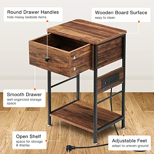 SunnyFurn Nightstand Set of 2,End Table with Charging Station,Side Table with Drawers and Storage,Beside Table for Living Room and Bedroom,Easy Assembly,Brown (Brown)