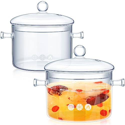 2 Pcs Glass Pots for Cooking on Stove Set Glass Saucepan with Cover Heat Resistant Clear Pots and Pans Set Stovetop Glass Cookware Simmer Pot with Lid for Soup Milk (1.3 L, 1.5 L, Classic Style)