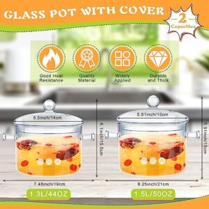 2 Pcs Glass Pots for Cooking on Stove Set Glass Saucepan with Cover Heat Resistant Clear Pots and Pans Set Stovetop Glass Cookware Simmer Pot with Lid for Soup Milk (1.3 L, 1.5 L, Classic Style)