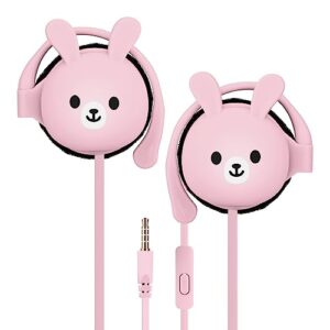 qearfun bunny earbuds for kids with ear hooks, kawakii wired over ear headphones earphones gifts for school girls and boys with microphone & ear loops pink
