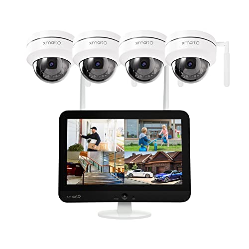 xmartO 2K HD Dome PTZ Wireless Security Camera with Auto Tracking and Audio. 4-Set 2K WiFi PTZ Camera Kit with 4k 10CH Expandable WiFi NVR Screen