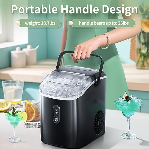 Nugget Ice Makers Countertop with Soft Chewable Pellet Ice, Pebble Ice Maker Machine with Self-Cleaning, 35Lbs/24Hrs, One-Click Operation, Ice Basket/Ice Scoop for Kitchen/Office, Black(with Handle)