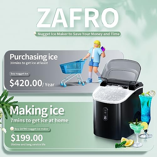 Nugget Ice Makers Countertop with Soft Chewable Pellet Ice, Pebble Ice Maker Machine with Self-Cleaning, 35Lbs/24Hrs, One-Click Operation, Ice Basket/Ice Scoop for Kitchen/Office, Black(with Handle)