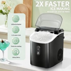 Nugget Ice Makers Countertop with Soft Chewable Pellet Ice, Pebble Ice Maker Machine with Self-Cleaning, 35Lbs/24Hrs, One-Click Operation, Ice Basket/Ice Scoop for Kitchen/Office, Black(with Handle)