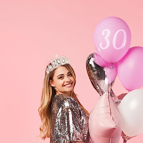 JUSTOTRY 30th Birthday Crown Headband - 30th Birthday Outfit Gifts for Women Rhinestone Headband with Peals for 30th Birthday Decorations