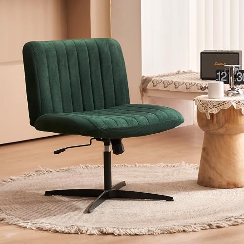 HoeuThien Armless Desk Chair No Wheels Wide Velvet Upholstered Office Chair Swivel Criss Cross Legs Large Seat Adjustable Height Accent Chair for Adults Dark Green