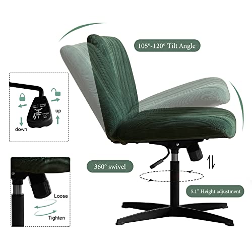 HoeuThien Armless Desk Chair No Wheels Wide Velvet Upholstered Office Chair Swivel Criss Cross Legs Large Seat Adjustable Height Accent Chair for Adults Dark Green