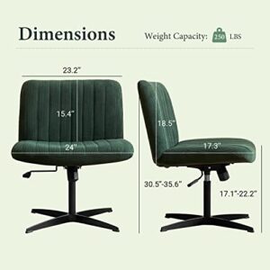 HoeuThien Armless Desk Chair No Wheels Wide Velvet Upholstered Office Chair Swivel Criss Cross Legs Large Seat Adjustable Height Accent Chair for Adults Dark Green