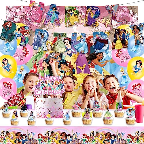 Princess Birthday Party Decorations,Include Banner,Backdrop, Latex Balloons, Cupcake, Cake Topper, Tablecloth for Princess Themed Birthday Party Supplies.