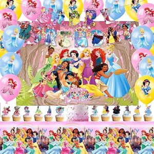 princess birthday party decorations,include banner,backdrop, latex balloons, cupcake, cake topper, tablecloth for princess themed birthday party supplies.