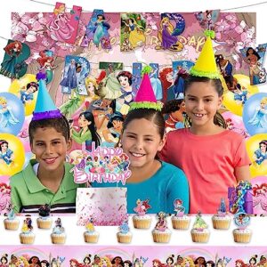 Princess Birthday Party Decorations,Include Banner,Backdrop, Latex Balloons, Cupcake, Cake Topper, Tablecloth for Princess Themed Birthday Party Supplies.