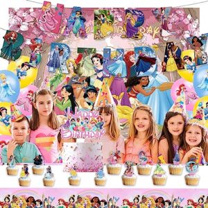 Princess Birthday Party Decorations,Include Banner,Backdrop, Latex Balloons, Cupcake, Cake Topper, Tablecloth for Princess Themed Birthday Party Supplies.