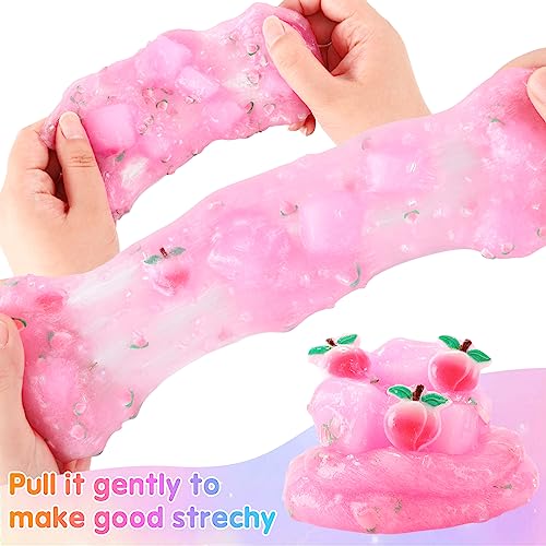 GOHEYI 2 Packs Jelly Cube Crunchy Slime, Pink Peach and Blue Blueberries Soft Non-Stick Slime Kit, Birthday Gift DIY Crystal Glue Boba Slime Party Favor for Girls Boys Kids