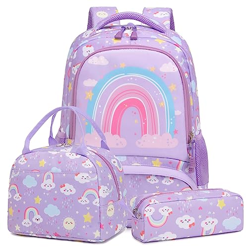 Girls Backpack for Elementary Rainbow Backpack 3 in 1 School Bookbag with Lunch Bag Pencil Case Purple Back to School