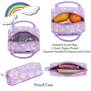 Girls Backpack for Elementary Rainbow Backpack 3 in 1 School Bookbag with Lunch Bag Pencil Case Purple Back to School