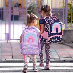 Girls Backpack for Elementary Rainbow Backpack 3 in 1 School Bookbag with Lunch Bag Pencil Case Purple Back to School