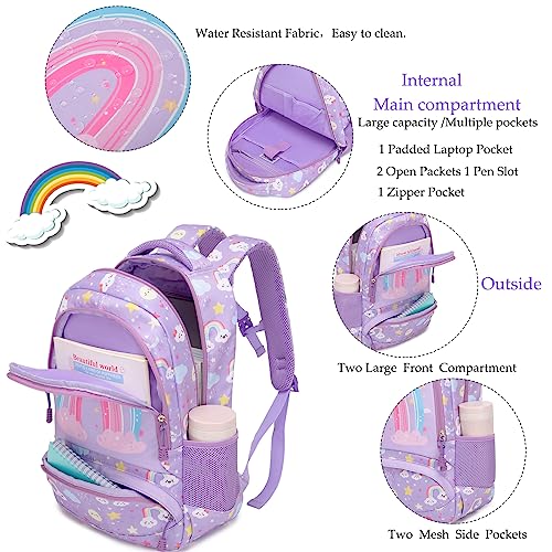 Girls Backpack for Elementary Rainbow Backpack 3 in 1 School Bookbag with Lunch Bag Pencil Case Purple Back to School