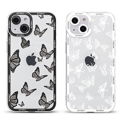 RUMDEY 2 Pack Cute Clear Print for Apple iPhone 13 Mini 5.4" Phone Case, Butterfly Pattern Aesthetic Transparent Cases Soft Silicone Slim TPU Shockproof Protective Cover for Women Girls-Butterflies