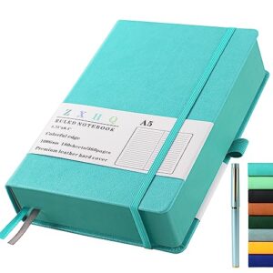 thick lined journal notebook with pen set, 100gsm 365 pages, colorful edge journal for writing a5 college ruled notebook ,leather hardcover,perfect for work, office or school, 5.9'' x 8.5'' light blue