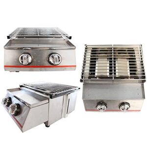 LPG Gas BBQ Grill, 2800Pa Commercial LPG Gas Stove Outdoor BBQ Tabletop Cooker, Stainless Steel Outdoor Grill Multi-Function Barbecue Camping Party Picnic Cookware Sliver(2 Burners)