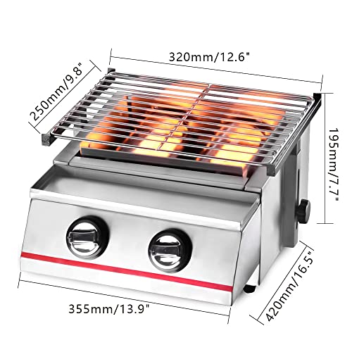 LPG Gas BBQ Grill, 2800Pa Commercial LPG Gas Stove Outdoor BBQ Tabletop Cooker, Stainless Steel Outdoor Grill Multi-Function Barbecue Camping Party Picnic Cookware Sliver(2 Burners)