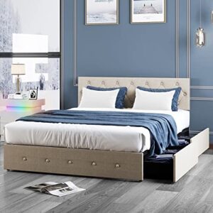 zafly california king size platform bed frame with 4 storage drawers,cal king bed frame with fabric headboard,diamond stitched button tufted design,wooden slats support,no box spring needed,beige