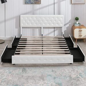 horgaeo california king size bed frame with 4 storage drawers and button decoration liftable 5cm pu headboard,no box spring needed, modern iron-wood frame easy assembly, white.