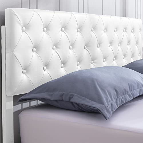 Horgaeo California King Size Bed Frame with 4 Storage Drawers and Button Decoration Liftable 5cm PU Headboard,No Box Spring Needed, Modern Iron-Wood Frame Easy Assembly, White.