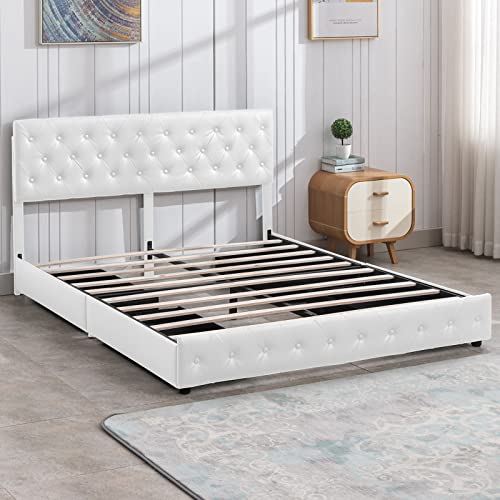 Horgaeo California King Size Bed Frame with 4 Storage Drawers and Button Decoration Liftable 5cm PU Headboard,No Box Spring Needed, Modern Iron-Wood Frame Easy Assembly, White.